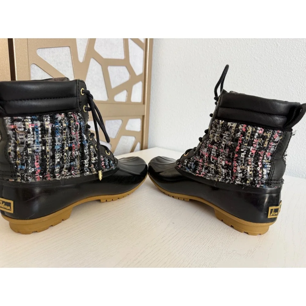 Sam Edelman Black Tweed Duck Boots Lace Up Rain Ankle Booties Gold Caldwell 6
